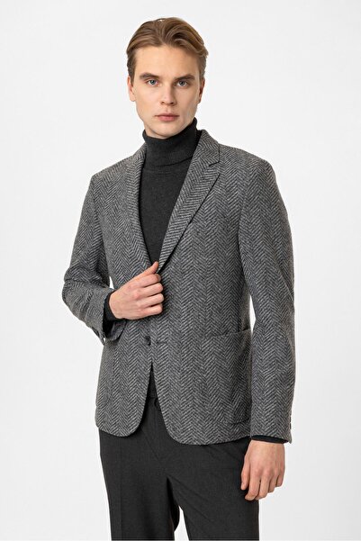 Back And Bond Gri Dokuma Mono Yaka Ceket