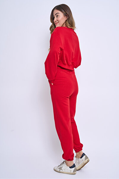 EMBA BUTİK Kadın Üç İplik içi Pamuklu Şardonlu Eşofman Takımı Bisiklet Yaka Crop Eşofman Takımı