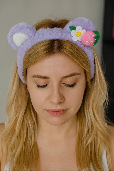 TAKIŞTIR Bandă de păr de pluș cu flori de culoare liliac și figuri de căpșuni, cu detaliu pentru urechi