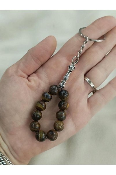 Hd Marketim Tasbih Keychain 11 Pieces 10 mm Natural Stone Tiger's Eye Mini Tasbih