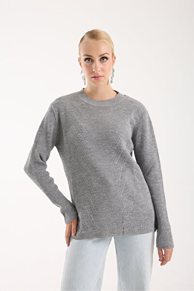 Moda Days Women's Gray Thessaloniki Knitted Crew Neck Glitter Knitwear Sweater
