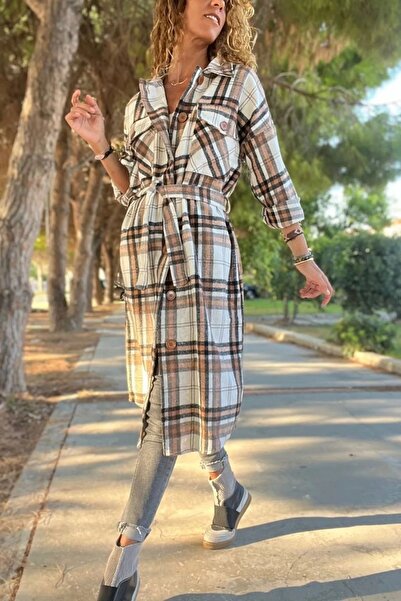 NEW LAVİVA Kadın Ekose Diz Altı Cepli Kapaklı Oduncu Kaşe Gömlek Elbise NEW70...