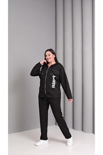 Ebsumu Дамски плюс размер тъкан Garni детайлен качулат черен спортен екип