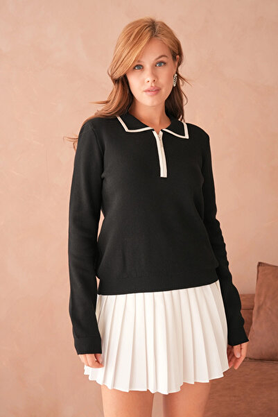 Park Karon Pulover tricotat pentru femei, cu guler polo, cu fermoar