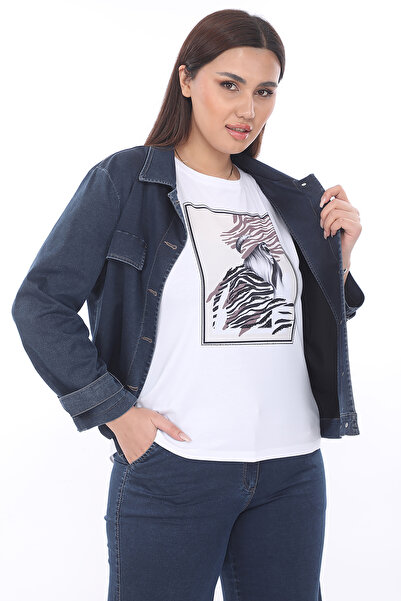 EXİTLİNE Women's Seasonal 3-Piece Set Pants Jacket T-Shirt with Stones Printed Navy Blue Stretchy Denim Set