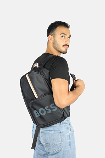 BOSS Men's Logo Signature Stripe Striped and B Printed Zippered Front Compartment Black Backpack Bs-70012610-Black