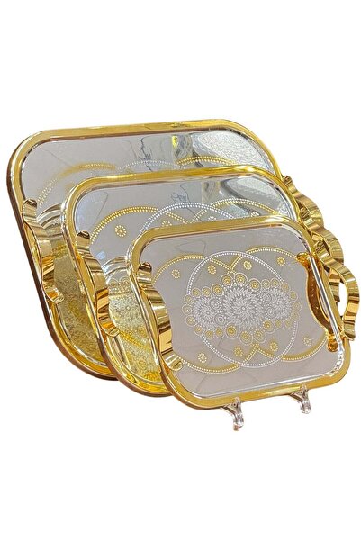 ALQANNAS طقم صواني تقديم من 3 قطع مصنوعة من الفولاذ المقاوم للصدأ بمقابض ذهبي...