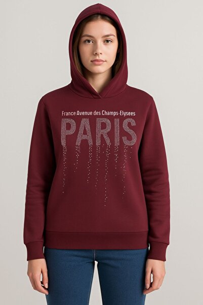 BEGBOR LİNGERİE Women / Children Burgundy Paris Stone Detail K Hooded Sweatshirt