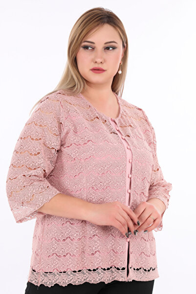 KİFAYET Plus Size Lace Three Quarter Sleeve Buttoned Stylish Evening Dress Women's Blouse