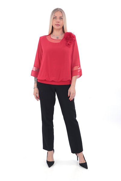 KİFAYET Plus Size (50-56) Sandy Chiffon Tulle Neckline 3D Flower Accessory Elastic Waist Stylish Women's Blouse