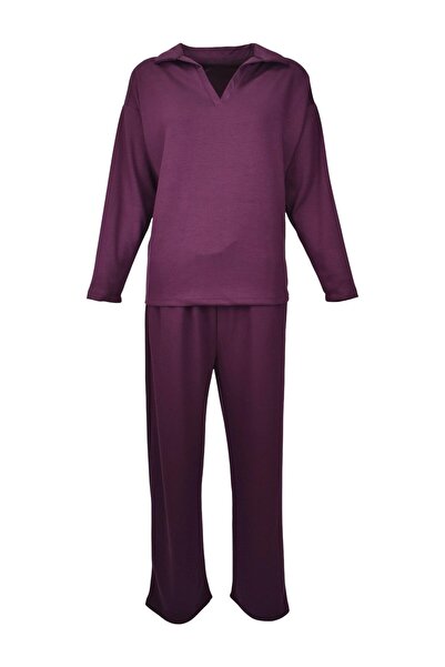 birizmoda Comfortable Fit Polo Neck Modal Fabric Long Sleeve Tracksuit Set - Burgundy