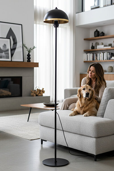 Marrien Luna Golden Tek Ayaklı Siyah Metal Modern Lambader | Oturma Odası & Yatak Odası & Salon Lambası