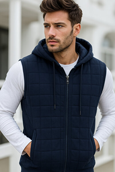 Rich Чоловічий синій бавовняний жилет з двома кишенями та капюшоном Basic