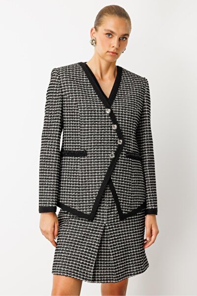 Moda İlgi Modailgi Kruvaze Kapama Simetrik Enküstre Detaylı Tuvit Ceket - 30019 SİYAH-BEYAZ