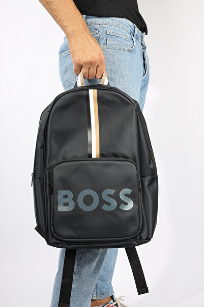 BOSS Men's Logo Signature Stripe Striped and B Printed Zippered Front Compartment Black Backpack Bs-70012610-Black