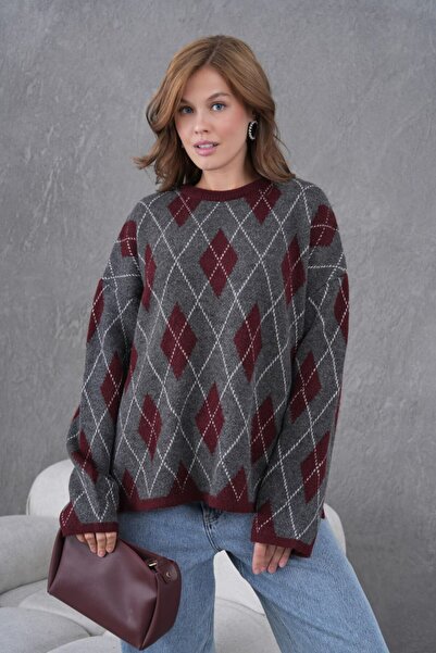 Miss Allos Women's Diamond Pattern Thick Knit Sweater