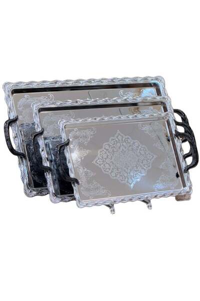 ALQANNAS 3 Pieces Serving Tray Set | Wide Sizes | Modern Design | Silver with Black Handles