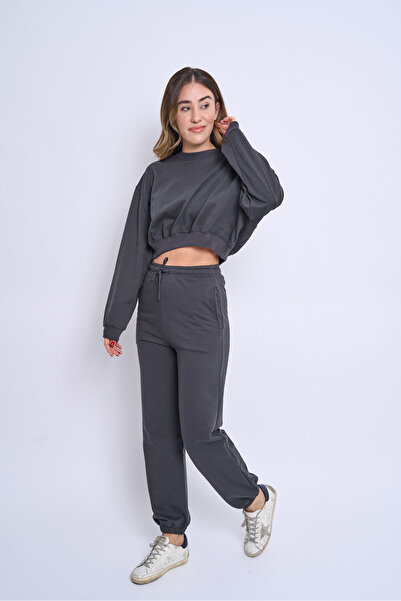 ARTUAL Γυναικείο σετ αθλητικής φόρμας Three Thread Cotton Sh επένδυση fleece Crew Neck Crop Sportswear