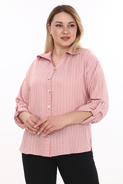 KİFAYET Büyük Beden (50-56) Çizgili Gömlek V Yaka Apoletli Uzun Kol Kadın Gömlek