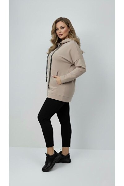 Koza Butik Women's Plus Size Long Sleeve Hooded Zipper Detailed Sweatshirt 2007
