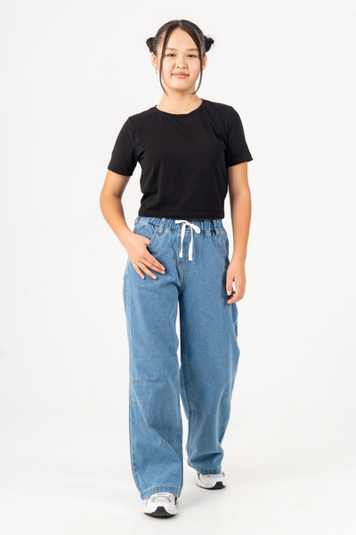 GİYİCEM TEKSTİL Girls' Casual School Style Lace-Up Wide Leg Jean Pants 2223