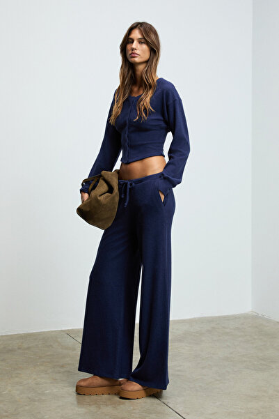 GRIMELANGE Caises women's soft and flexible fabric wide leg navy blue tracksuit bottoms