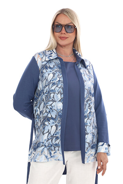 KİFAYET Büyük Beden İkili Takım Yakma Şifon Desenli Kapamasız Gömlek ve Visko...