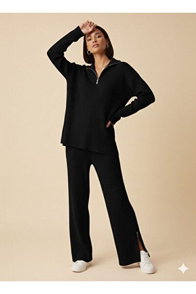 YILMAZ Women's Corded Fabric Collar Zippered Knitwear Set with Slit Zippers on the Sides, Bottom and Top Set