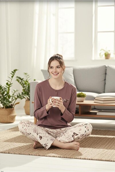 Generic Brand Set de pijamale confortabile pentru femei, cu mâneci lungi și imprimeu floral, Dusty Rose