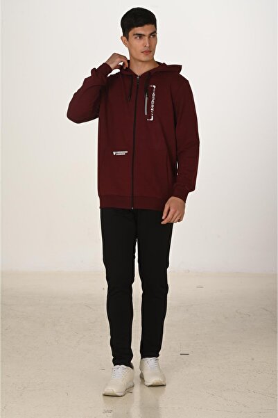 Marco Ferry Men's Cotton Hooded Tracksuit Set Claret Red 5286-B