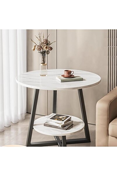 Twinkle Mart Round Side Table - Mini Marble Coffee Table (White and Gold, 40x55cm)