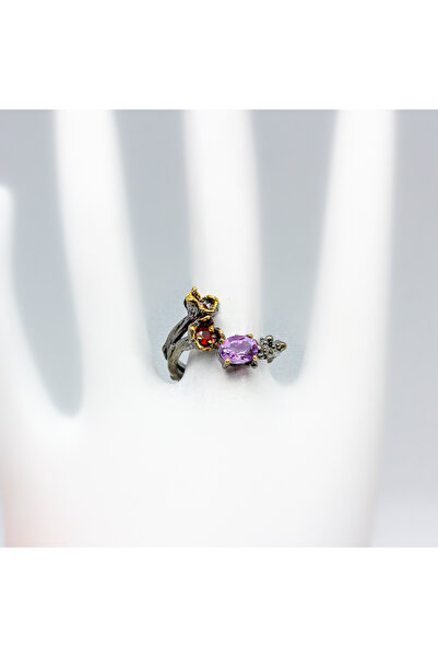 FashionBijoux Inel din argint 925 cu ametist și granat, mărimea 7.5, reglabil