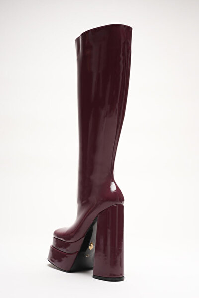 Ayakkabı Ateşi Women's Double Platform Thick Heel Boots Penny Burgundy Patent Leather