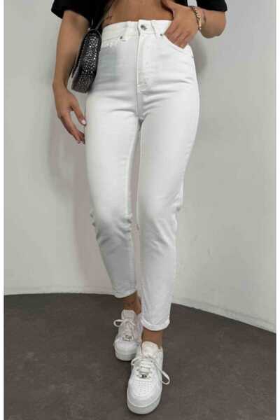 JAXEN Maria Gold Women's White High Waist Stretch Fabric Extra Stretchy Mom Jeans Denim Pants