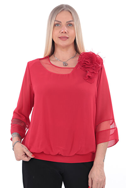 KİFAYET Büyük Beden (50-56) Sandy Şifon Tül Yaka 3D Çiçek Aksesuar Beli Lastikli Şık Kadın Bluz