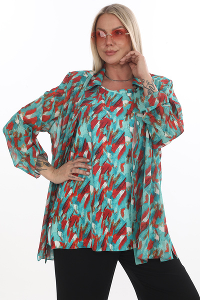 KİFAYET Büyük Beden (50-56) Şifon İkili Takım Renkli Desenli Gömlek ve Kolsuz...