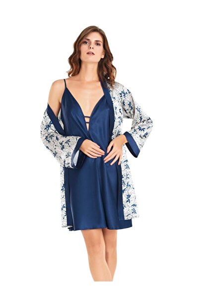 MOONGIRL KADIN SATEN LACİVERT EMPİRME SABHALIK GECELİK TAKIM