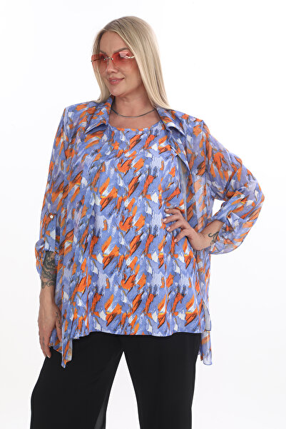 KİFAYET Büyük Beden (50-56) Şifon İkili Takım Renkli Desenli Gömlek ve Kolsuz...