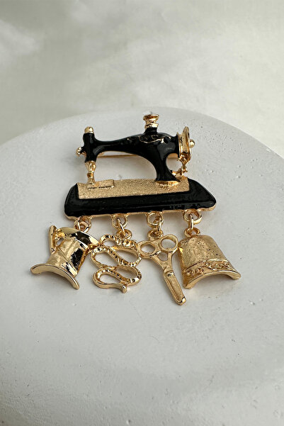 Modex Altın Ve Siyah Tonlu Makas Figürlü Dikiş Makinesi Broş (5cm)