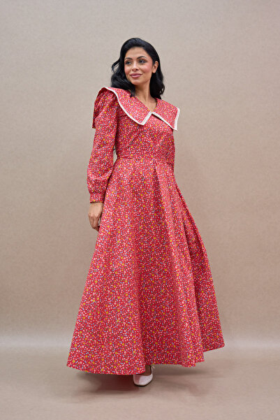 KÜÇÜĞÜM BUTİK Vintage Big Collar Red Floral Long Flared Women's Dress