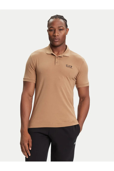 EA7 Men's Regular Fit Logo Printed Short Sleeve Cotton Beige Polo Neck T-Shirt 8Npf14 Pjvqz-U6171
