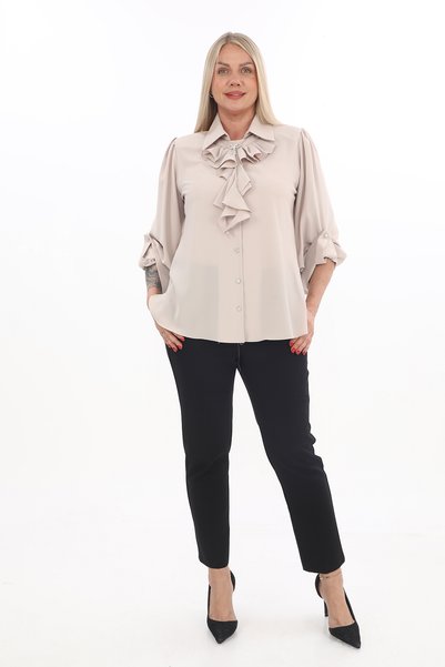 KİFAYET Plus Size Epaulet Sleeves Stone Button Ruffle Collar Brooch Detailed Stylish Women's Blouse