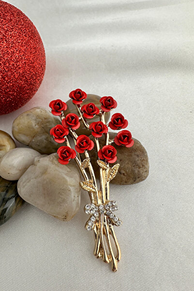 Modex Altın Sarısı Taş Detay Kırmız Gül Buket Broş (7cm)
