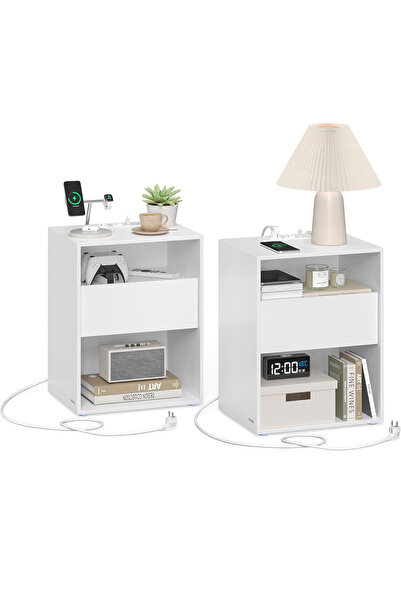 VASAGLE Set of 2 bedside tables with USB ports and sockets, 45x35x58 cm,white