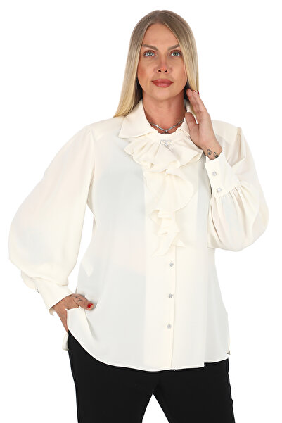 KİFAYET Büyük Beden (50–56) Fırfır Yaka Broş Detaylı Apoletli Kol Taşlı Düğme...