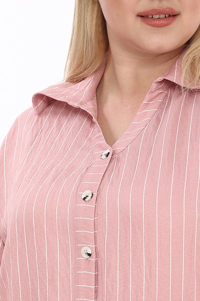KİFAYET Plus Size Striped Shirt V-Neck Epaulet Long Sleeve Women's Shirt