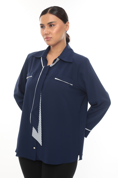 KİFAYET Plus Size (50-56) Shirt Collar Decorative Pocket Tie Detail Long Sleeve Women's Blouse