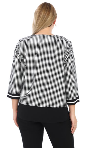 KİFAYET Plus Size (50-56) Crew Neck Gingham Patterned Three Quarter Sleeve Decorative Pocket Women's Blouse