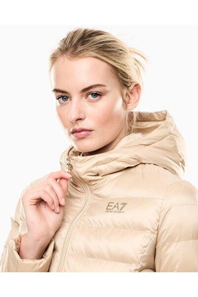 EA7 Men's Hooded Collar Long Sleeve Zippered Beige Coat 7W000684 Af12475-U1046