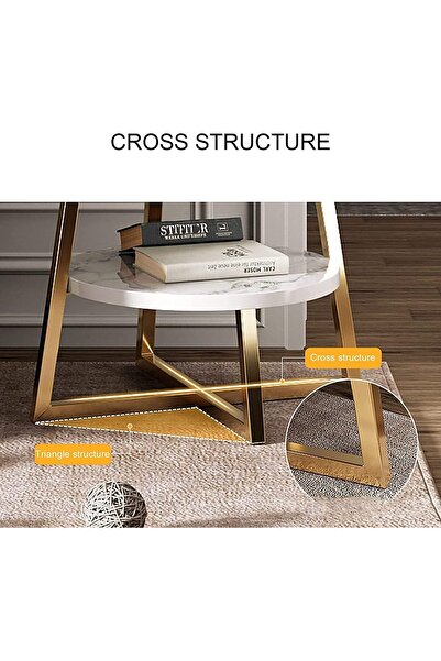 Twinkle Mart Round Side Table - Mini Marble Coffee Table (White and Gold, 40x55cm)